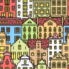  Europe house or apartments Seamless pattern. Cute architecture background. Neighborhood with classic street and cozy homes for Banner or poster. Building and facades. Doodle sketch Flat style.