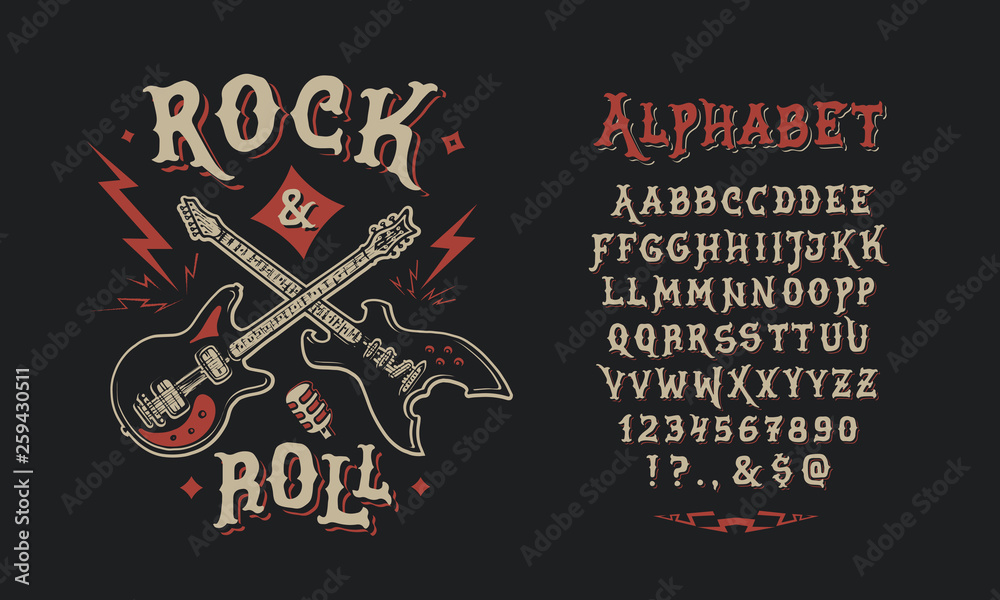 Font Rock & Roll. Hand crafted retro vintage typeface design. Handmade  lettering. Authentic handwritten graphic alphabet. Vector illustration old badge label logo template. - obrazy, fototapety, plakaty 