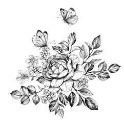 Wall Mural - Hand drawn Rose Bunch  and Butterflies