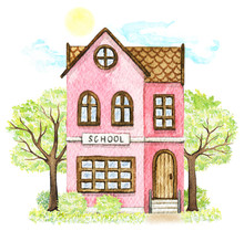 Pink Cartoon School Building Surrounded By Trees, Bushes, Grass, Sky And Sun Isolated On White Background. Watercolor Hand Painted Illustration