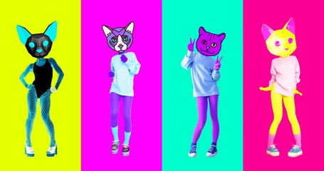 Wall Mural - Minimal animation art. Dancing cats gif. Cat power concept
