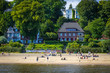 Summer view of the beach (Strand Oevelgoenne) on the Elbe river in Oevelgoenne district of Hamburg city, Germany.