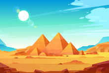 Giza Plateau Landscape With Egyptian Pharaohs Pyramids Complex Illuminated With Bright Sunlight Cartoon Vector Background. Ancient Historical, Famous Touristic Attractions In African Desert
