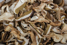 Close Up Of Lot Of Slices Of Dry Brown Mushroom Boletus Edulis