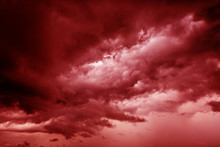 Terrible Blood-red Apocalyptic Heaven From Hell. Crimson Hellish Clouds.
