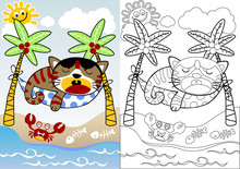 Cats Relax Time, Coloring Book Or Page, Vector Cartoon