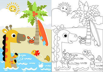 Sticker - giraffe and little friends in the beach, vector cartoon, coloring book or page