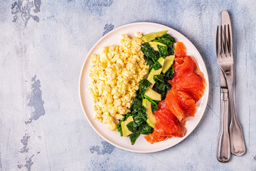 Ketogenic diet breakfast, scrambled eggs, salmon, avocado, spinach.