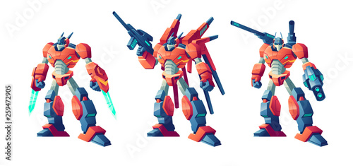 Photographie Battle robots, transformers armed laser swords, plasma gun and shoulder cannons cartoon vector set isolated on white background