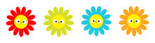 Colorful Daisy Chamomile Set Line. Smiling Face Head. Cute Flower Plant Collection. Love Card. Cute Cartoon Funny Character. Camomile Icon Growing Concept. Flat Design. White Background.