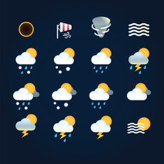 Wall Mural - Weather icons sun and clouds in sky, rain with snow, thunder and lightning at hurricane. Flat illustration weather and meteorology for mobile and web application.
