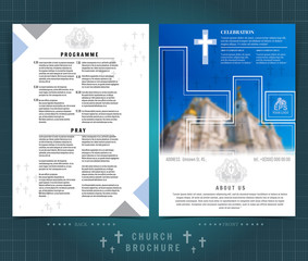 Wall Mural - Religion two sided brochure or flyer template design with church building blurred photo ellements. Mock-up cover in blue vector modern style