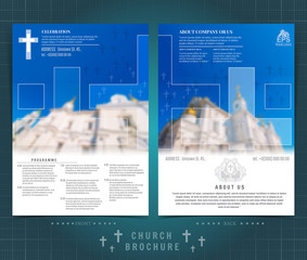 Religion two sided brochure or flyer template design with church building blurred photo and cross ellements. Mock-up cover in blue vector modern style