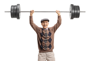 Cheerful senior man lifting a barbell