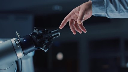 Poster - Futuristic Robot Arm Touches Human Hand in Humanity and Artificial Intelligence Unifying Gesture. Conscious Technology Meets Humanity. Concept Inspired by Michelangelo's Creation of Adam