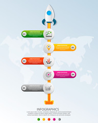 Timeline startup infographics with five circle and icons template. 3D vector illustration rocket on a blue background. Used for business, planning, strategy, workflow layout, diagrams with 5 steps