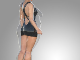 Conceptual fat overweight obese female vs slim fit healthy body after weight loss or diet with muscles thin young woman on gray. A fitness, nutrition or fatness obesity, health shape 3D illustration