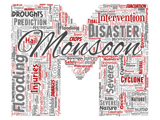 Vector conceptual monsoon dangerous weather letter font M red meteorology word cloud isolated background. Collage of tropical dramatic storm force, strong wind blowing, rain hail thunderstorm concept