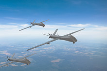The Group Of Unmanned Aerial Vehicles In The Sky Over The Territory Of Patrol.