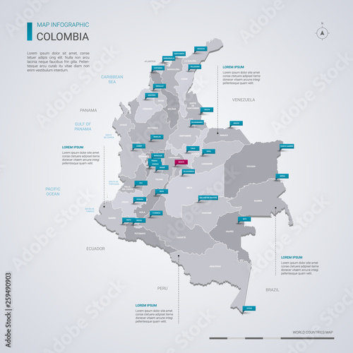 Fotografía Colombia vector map with infographic elements, pointer marks.