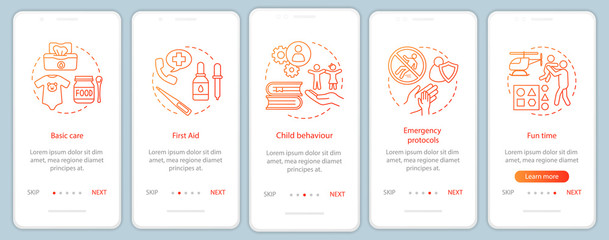 Babysitting training onboarding mobile app page screen vector template