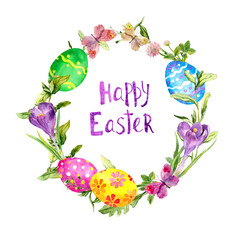 Wall Mural - Colored eggs in grass, crocus flowers, butterflies. Easter wreath, card. Floral circle border, text Happy Easter . Watercolor