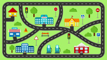 Play Mat For Kids. Vector Cartoon City Car Track. Cityscape With Buildings, Police Station, School, Fire Station, Hospital, Shop And Gas Station.