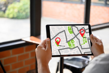 Poster - GPS Map to Route Destination network connection Location Street Map with GPS Icons Navigation