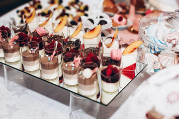 Wall Mural - delicious tiramisu. candy bar at luxury wedding reception. exclusive expensive catering. table with modern desserts, cupcakes, sweets with fruits. space for text. holiday celebration