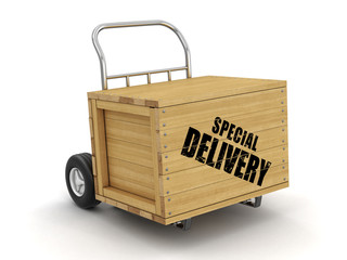 Poster - Wooden crate with Special Delivery on Hand Truck. Image with clipping path