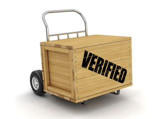 Poster - Wooden crate with Verified on Hand Truck. Image with clipping path