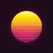 Retro sunset in 80`s style. Retrowave, synthwave futuristic background. Template design for cyber or sci-fi abstract concept.