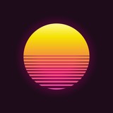 Fototapeta Zachód słońca - Retro sunset in 80`s style. Retrowave, synthwave futuristic background. Template design for cyber or sci-fi abstract concept.