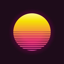 Retro Sunset In 80`s Style. Retrowave, Synthwave Futuristic Background. Template Design For Cyber Or Sci-fi Abstract Concept.