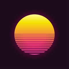 retro sunset in 80`s style. retrowave, synthwave futuristic background. template design for cyber or