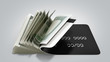 © nosorogua - concept of cash withdrawal payment by card dollar bills fall out of the card 3d render on grey gradient