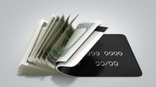 Concept Of Cash Withdrawal Payment By Card Dollar Bills Fall Out Of The Card 3d Render On Grey Gradient
