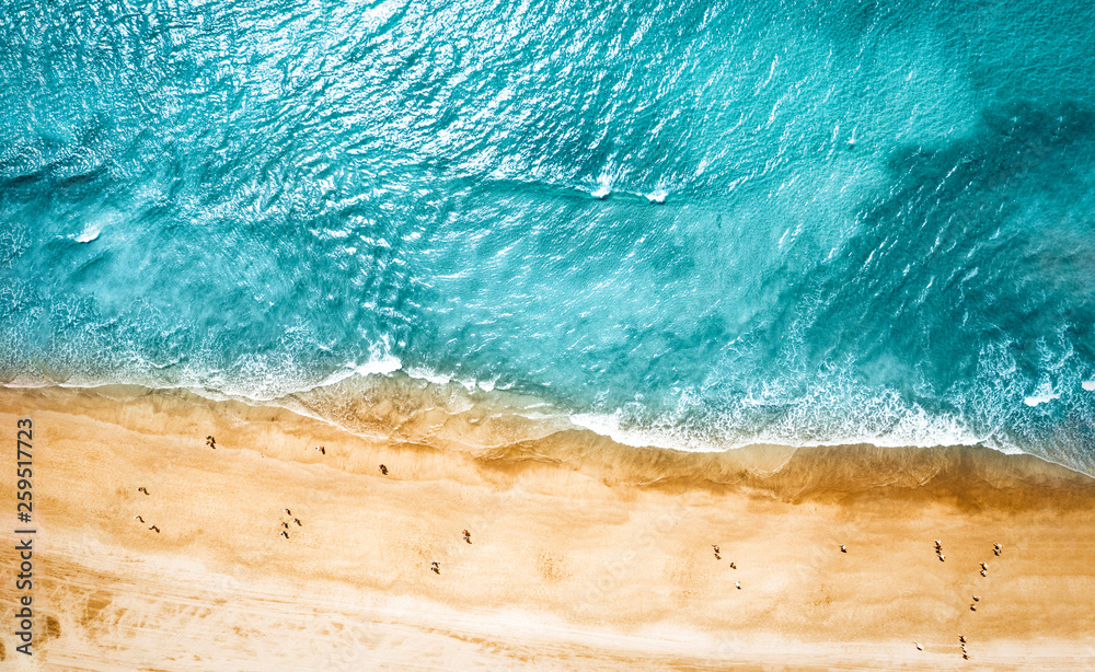 Aerial photo of summer beach and blue ocean with sky.  - obrazy, fototapety, plakaty 