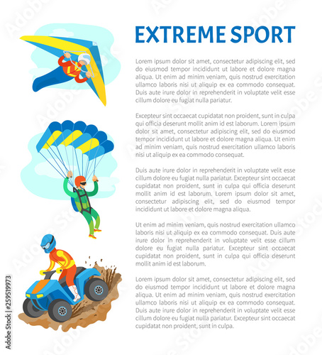 Extreme Sports Vector People Leading Active Lifestyle Quad Biking And Skydiving Poster With Text Sample Adrenaline Gaining Hobbies Of Men At Sky Buy This Stock Vector And Explore Similar Vectors At