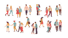Family Vector, People Walking In Pairs, Holding Hands Of Each Other. Happy Romantic Couples, Hugs And Embraces, Lonely Woman And Lone Man With Sad Faces