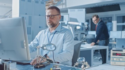 Aufkleber - Electronics Design Engineer Takes His Place Starts Working with Circuit Boards, Doing Maintenance, Checking Quality and Soldering Motherboard Components. 