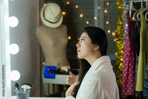 Side View Young Sassy Asian Woman Wear Bathrobe In Dressing
