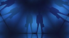 Computer Generated Background With Blue Business People Silhouettes Standing.