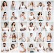 The collage of faces of surprised people on white studio backgrounds. Human emotions, facial expression concept. Collage of astonished men and women.