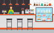 © robu_s - Barista of coffeehouse with proposition for clients vector. Man wearing apron, toppings and desserts cakes with berries. Table and chairs, lamp and fridge