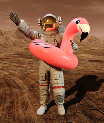 Wall Mural - astronaut with pink float looking for water on mars - 3d illustration