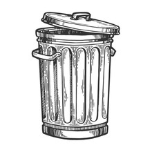 Metal Trash Can Sketch Engraving Vector Illustration. Scratch Board Style Imitation. Hand Drawn Image.