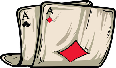 Two old folded poker cards vector with shadows and lights. Diamond and spades aces.