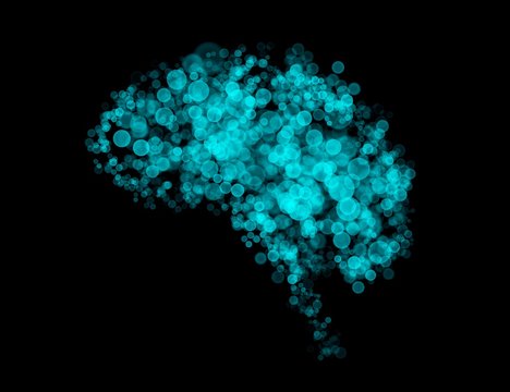 Brain shape by bokeh blue green light isolated on black background. In concept of A.I. artificial intelligence technology.