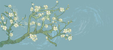 Spring Almond Branch, Flowers In Vector. Blooming Tree Vintage. Boho Style. By Pictures Vincent Van Gogh Almond Branch Retro.